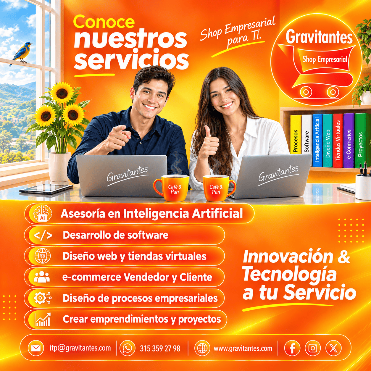 Gravitantes, brinda servicios de inteligencia artificial, desarrollo de software, diseño web y tiendas virtuales, e-commerce, diseño de procesos empresariales y creación de emprendimientos y proyectos de Vendedores para Clientes en Colombia.